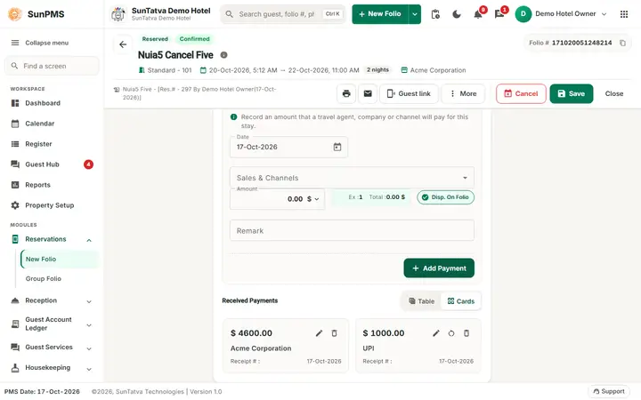Folio - Payment Transfer and Billing to a Company: folio transfer company payment