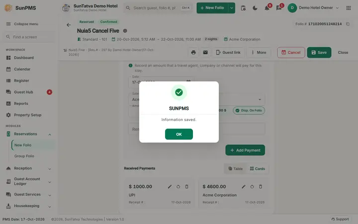 Folio - Payment Transfer and Billing to a Company: folio transfer saved