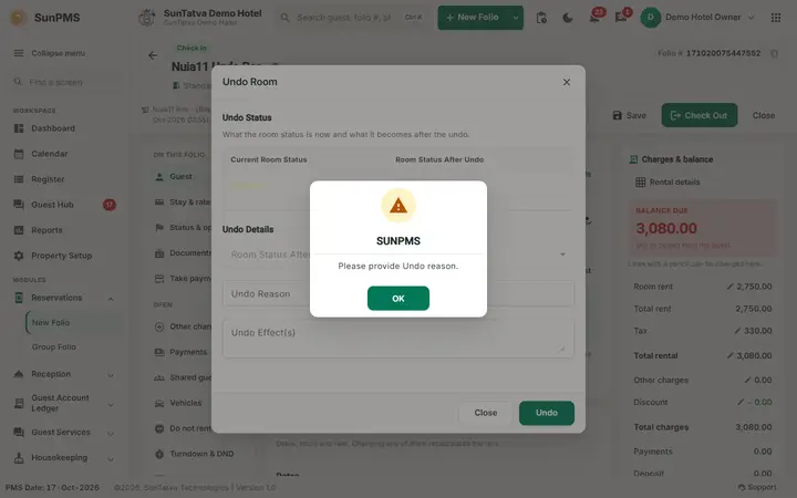 Folio - Undo Check-In: folio undo no reason