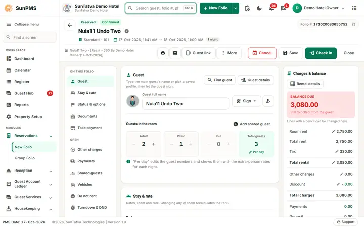 Folio - Undo Check-In: folio is a reservation again