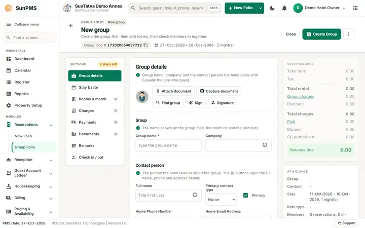 Simplified Group Check-In / Reservation Screen (guided group): group details of a new group