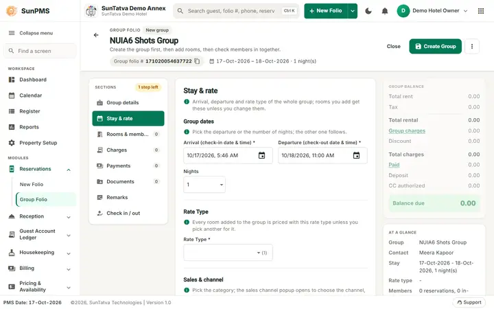Simplified Group Check-In / Reservation Screen (guided group): stay & rate