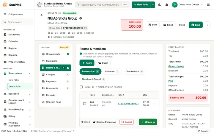 Simplified Group Check-In / Reservation Screen (guided group): rooms & members of a saved group