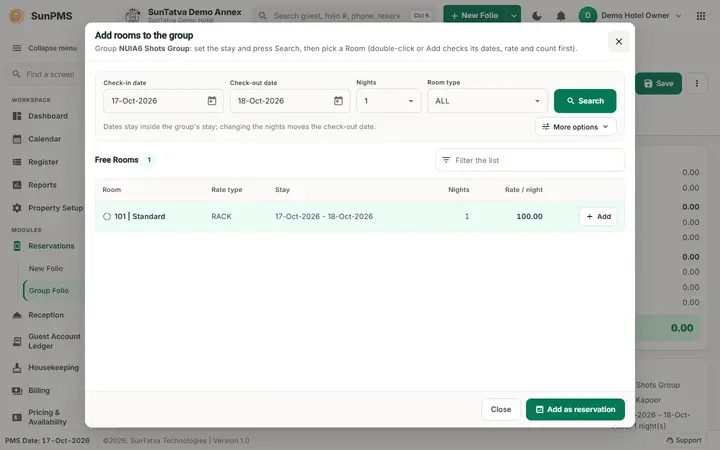 Simplified Group Check-In / Reservation Screen (guided group): add rooms to the group