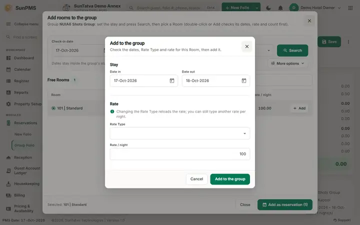 Simplified Group Check-In / Reservation Screen (guided group): add to the group