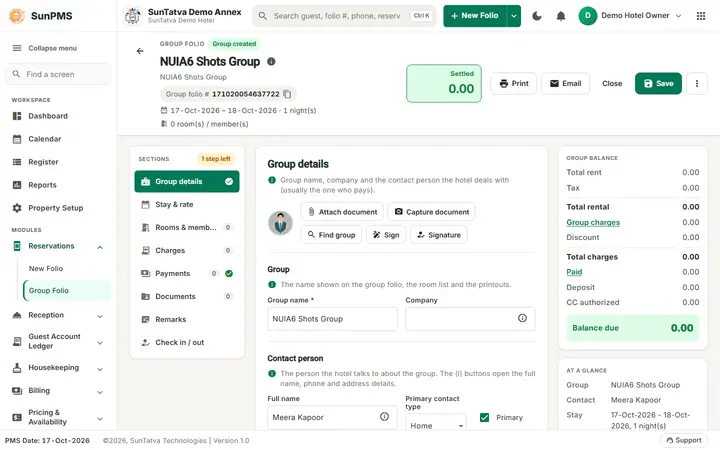 Simplified Group Check-In / Reservation Screen (guided group): group details of a saved group