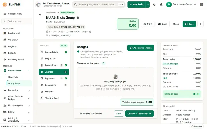 Simplified Group Check-In / Reservation Screen (guided group): charges
