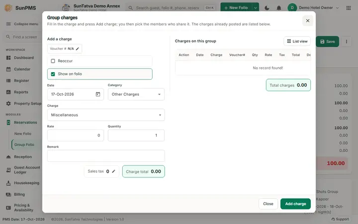 Simplified Group Check-In / Reservation Screen (guided group): group charges popup