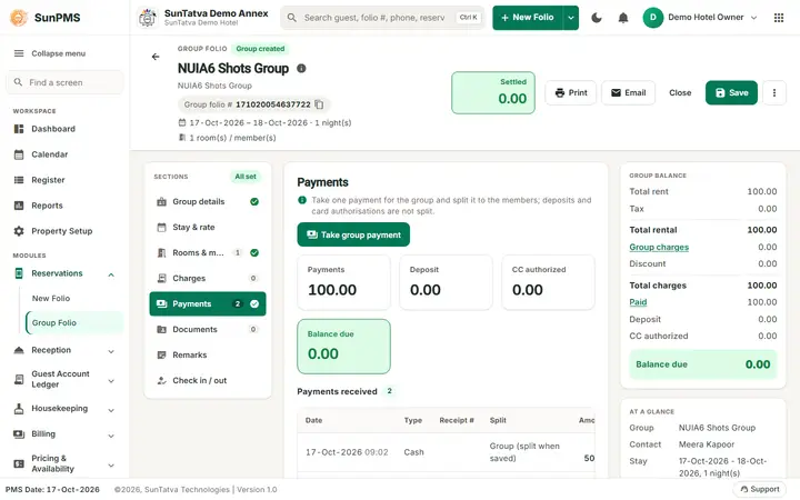 Simplified Group Check-In / Reservation Screen (guided group): payments