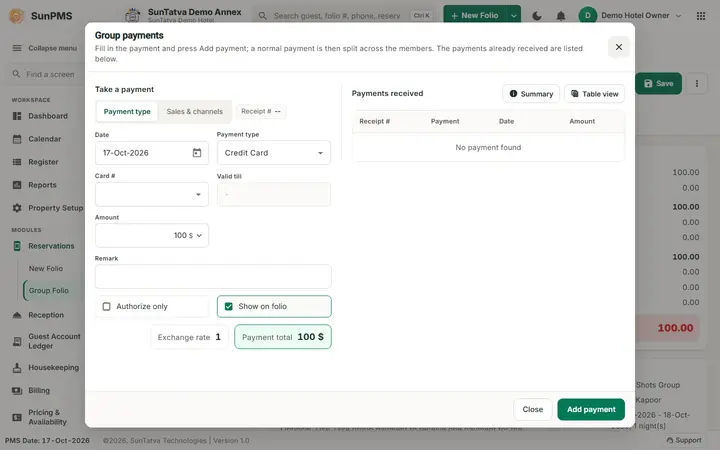 Simplified Group Check-In / Reservation Screen (guided group): group payments popup