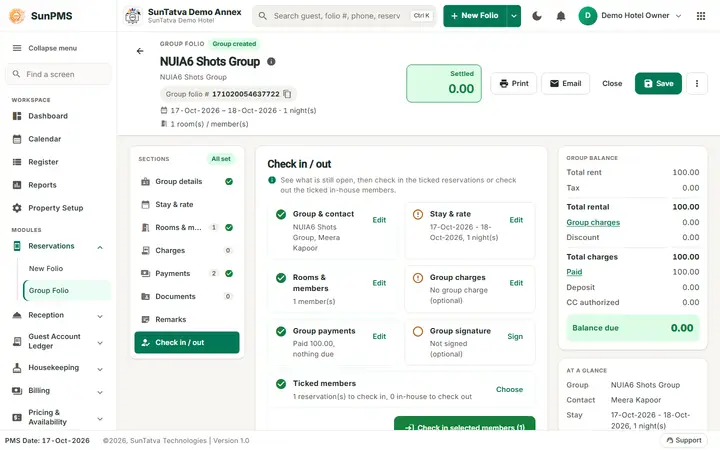 Simplified Group Check-In / Reservation Screen (guided group): check in / out