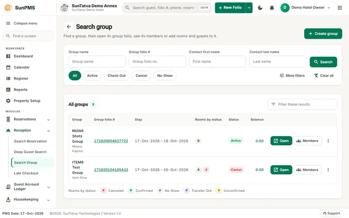 Simplified Group Check-In / Reservation Screen (guided group): search group