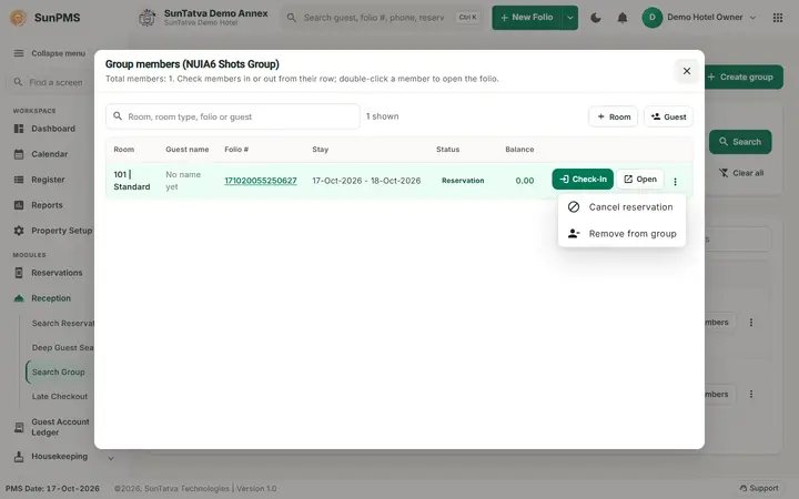 Simplified Group Check-In / Reservation Screen (guided group): group members popup