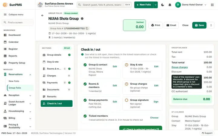 Simplified Group Check-In / Reservation Screen (guided group): the read only Discount label and its tooltip