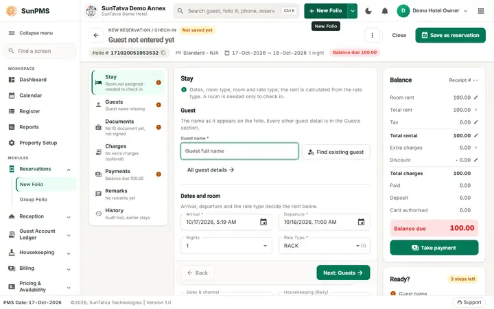 Simplified Check-In / Reservation Screen (guided folio): stay on a new folio