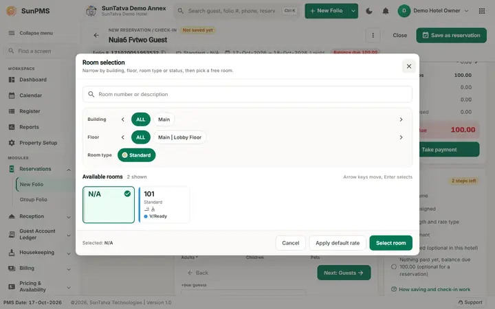 Simplified Check-In / Reservation Screen (guided folio): room selection