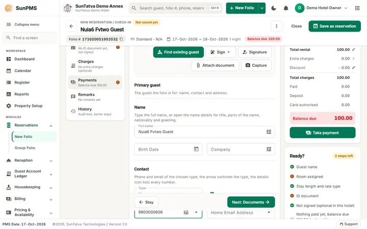 Simplified Check-In / Reservation Screen (guided folio): guests section