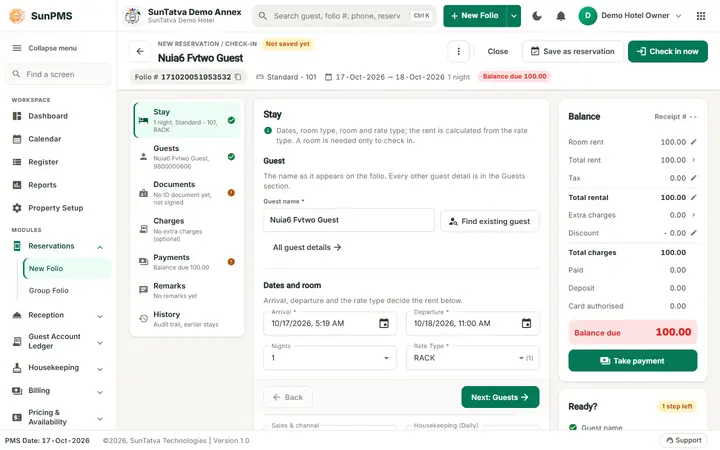 Simplified Check-In / Reservation Screen (guided folio): stay with a room chosen