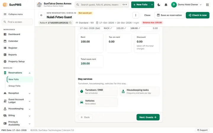 Simplified Check-In / Reservation Screen (guided folio): room rent boxes and Stay services