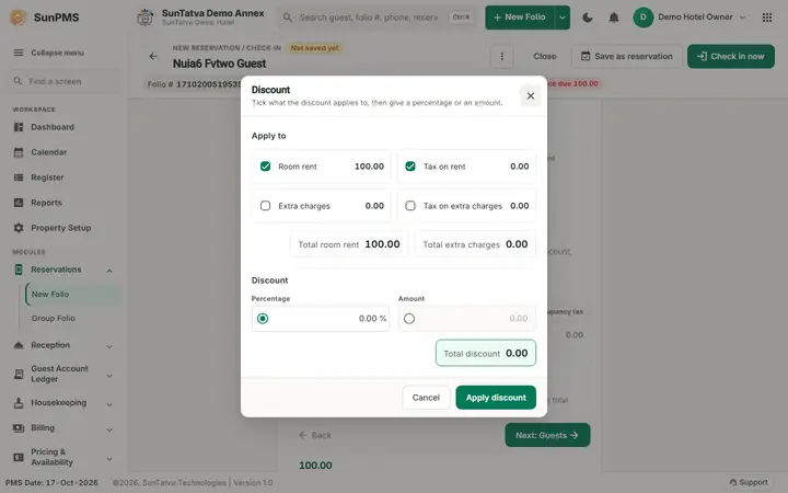Simplified Check-In / Reservation Screen (guided folio): discount window