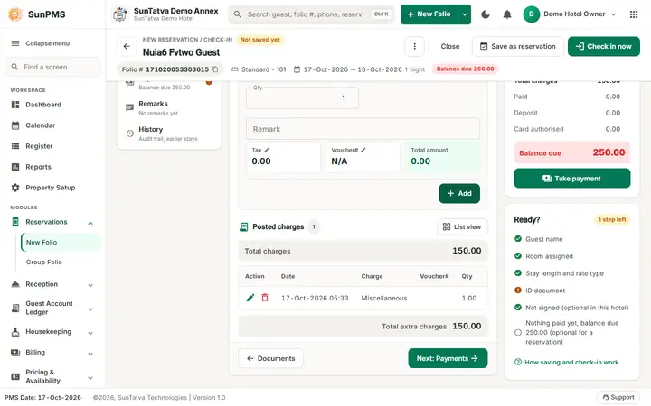 Simplified Check-In / Reservation Screen (guided folio): charges