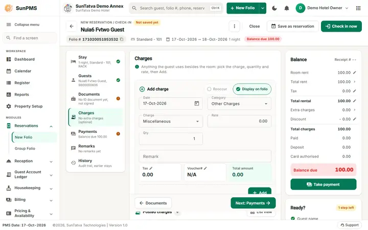 Simplified Check-In / Reservation Screen (guided folio): fv2 single step4 extra charges before