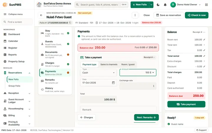 Simplified Check-In / Reservation Screen (guided folio): payments