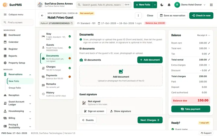 Simplified Check-In / Reservation Screen (guided folio): documents