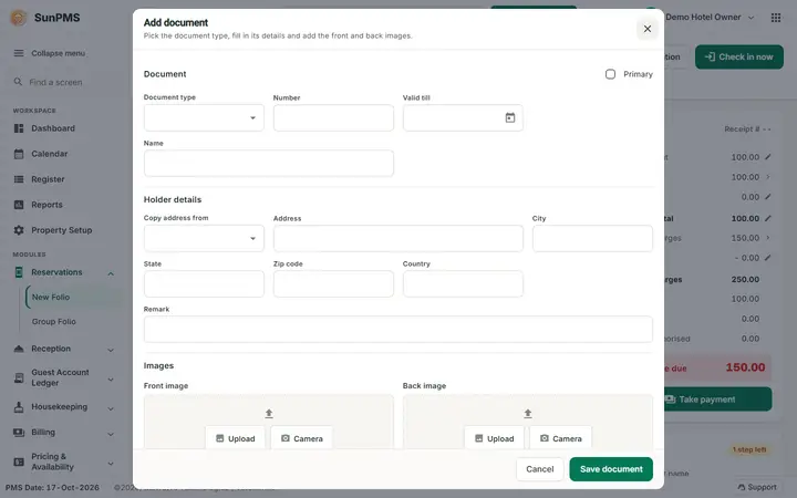 Simplified Check-In / Reservation Screen (guided folio): add document