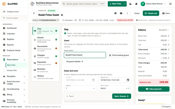Simplified Check-In / Reservation Screen (guided folio): saved in house folio on the Stay section