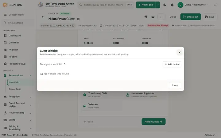 Simplified Check-In / Reservation Screen (guided folio): guest vehicles