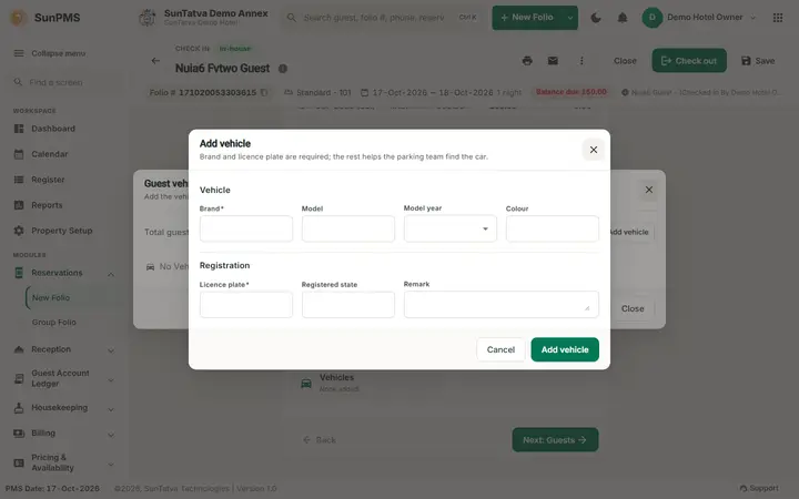 Simplified Check-In / Reservation Screen (guided folio): add vehicle on top of Guest vehicles