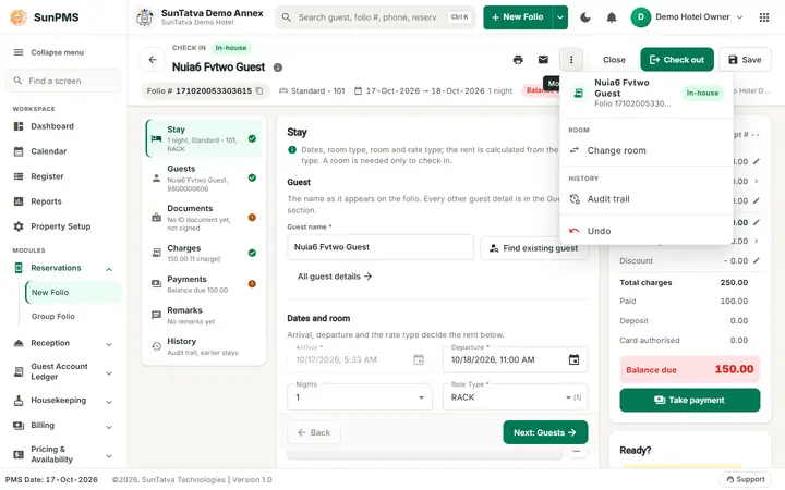 Simplified Check-In / Reservation Screen (guided folio): the More menu of an in house folio