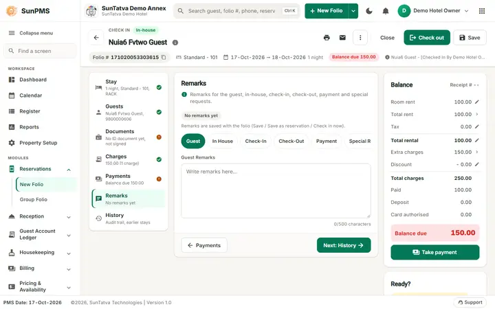 Simplified Check-In / Reservation Screen (guided folio): remarks