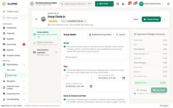 Group Reservation and Group Check-In: group folio