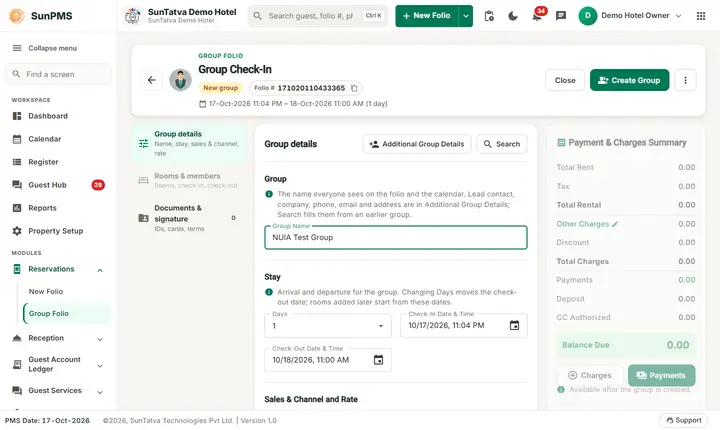 Group Reservation and Group Check-In: group details