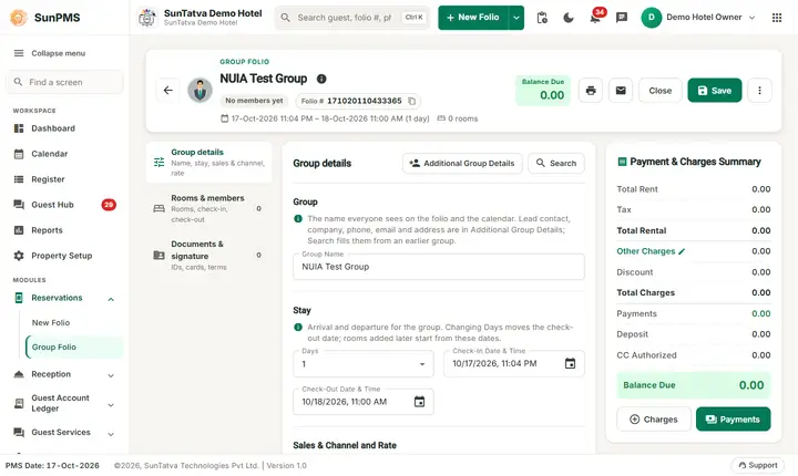 Group Reservation and Group Check-In: group 02b details created