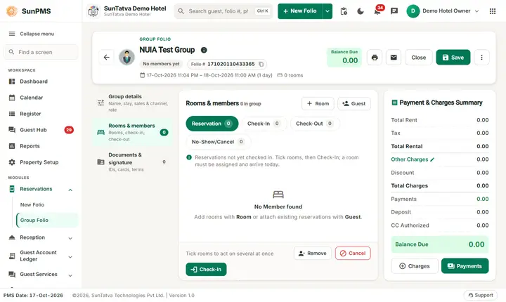 Group Reservation and Group Check-In: group folio