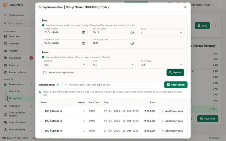 Group Reservation and Group Check-In: group room dialog