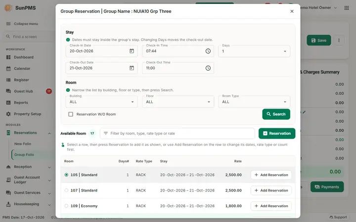 Group Reservation and Group Check-In: group rooms picked