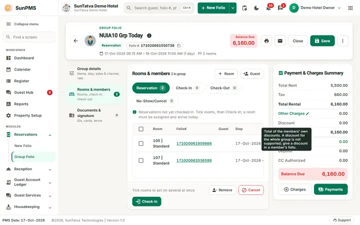 Group Reservation and Group Check-In: the read only Discount row and its tooltip