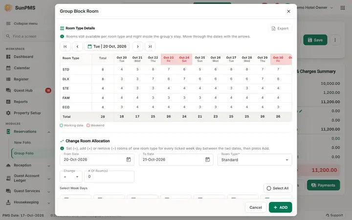 Group Reservation and Group Check-In: group block room