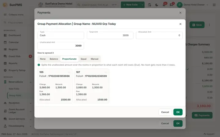 Group Reservation and Group Check-In: proportionate allocation of a group payment