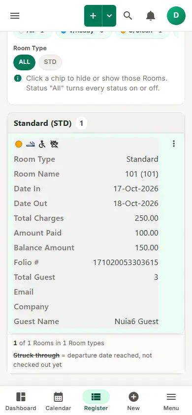 Register on a phone: each room as a card with its stay details