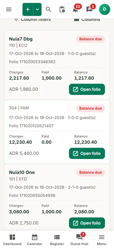 Guest Ledger (tabbed view): in House Guests on a phone: one card per folio with charges, paid, balance and an Open folio button