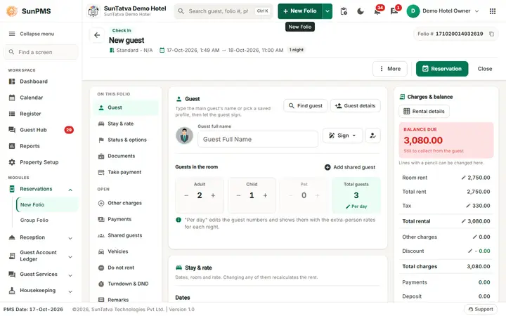 SunPMS screen: Front desk and check-in