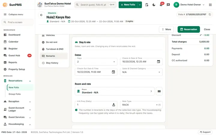 New Folio - Reservation or Walk-in Check-in: new guest and dates