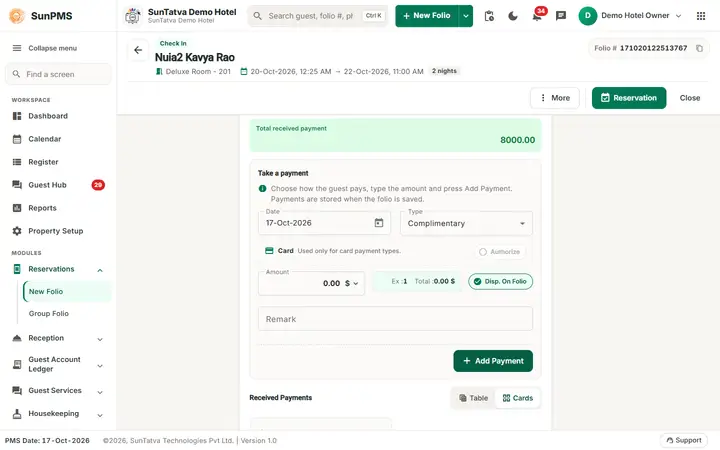 New Folio - Reservation or Walk-in Check-in: new advance payment