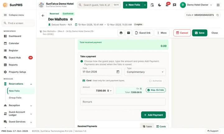 Folio - Payments, Advance, Deposit and Refund: take payment section