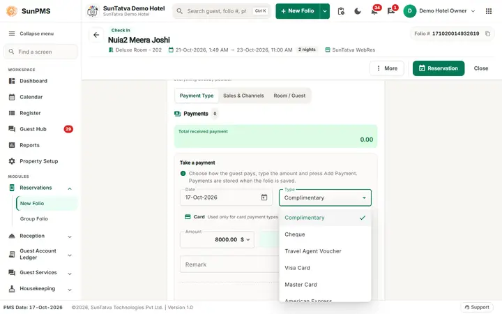 Folio - Payments, Advance, Deposit and Refund: pay type list